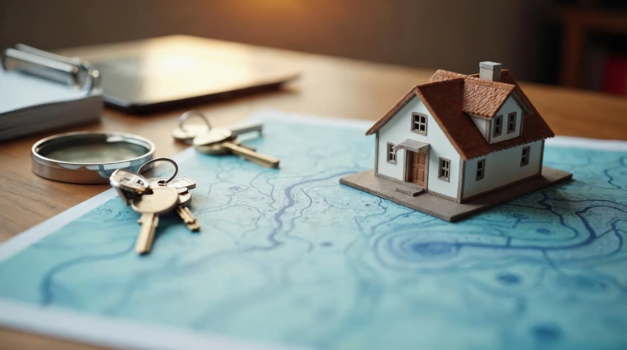 A conceptual home model, keys, magnifying glass, and blue contour map representing flood-risk research
