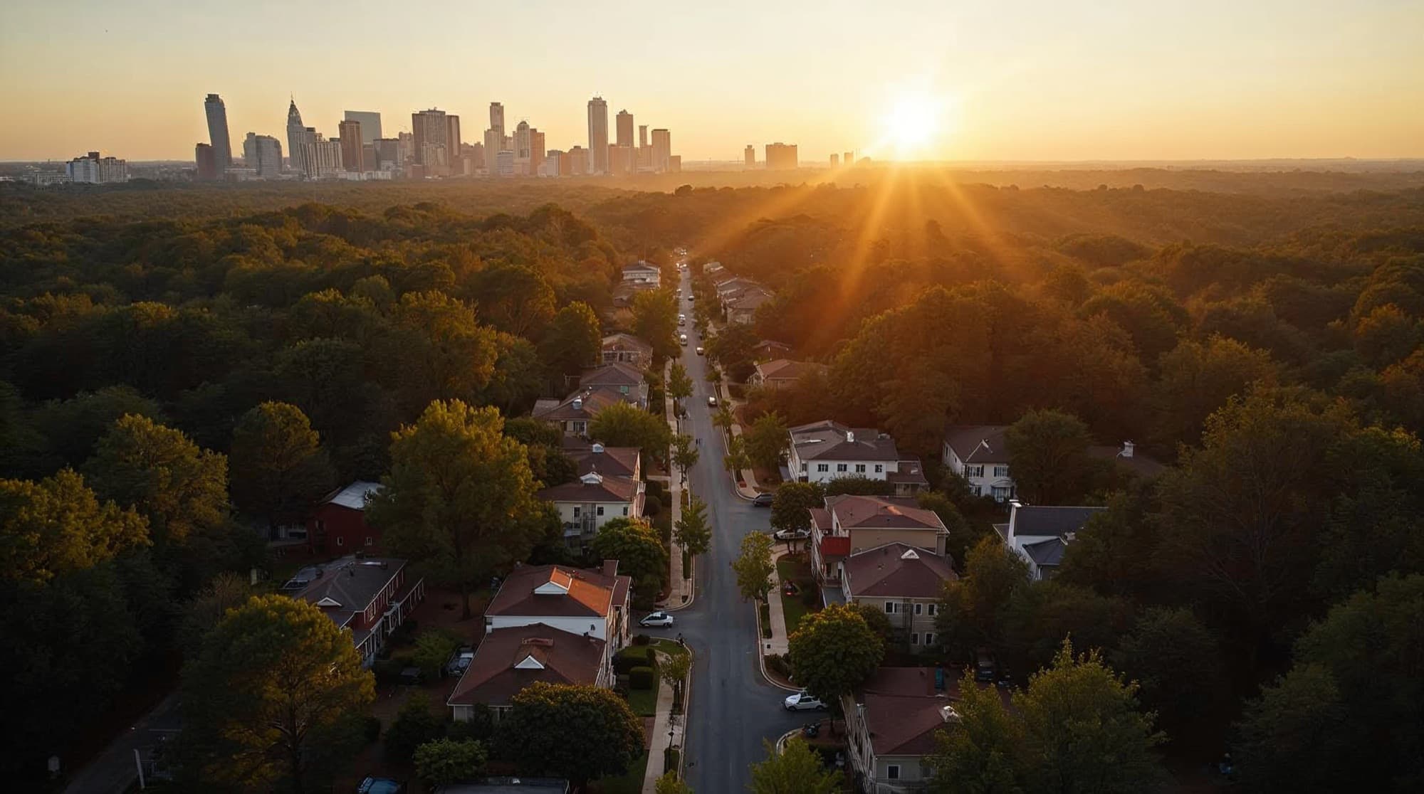 An aerial golden-hour view of a leafy metro Atlanta residential neighborhood with the downtown skyline in the distance
