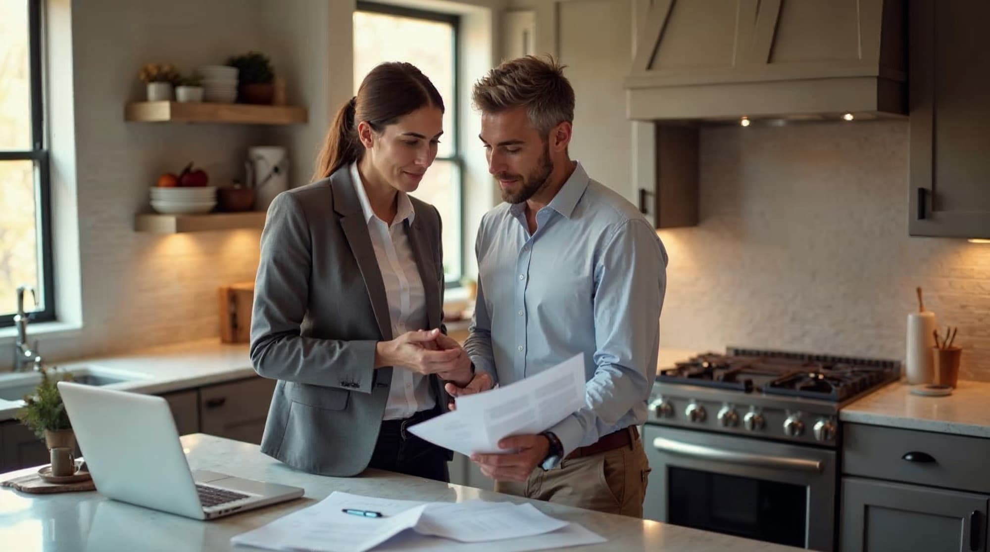 A metro Atlanta buyer and real estate agent reviewing builder incentive paperwork in a bright model-home kitchen