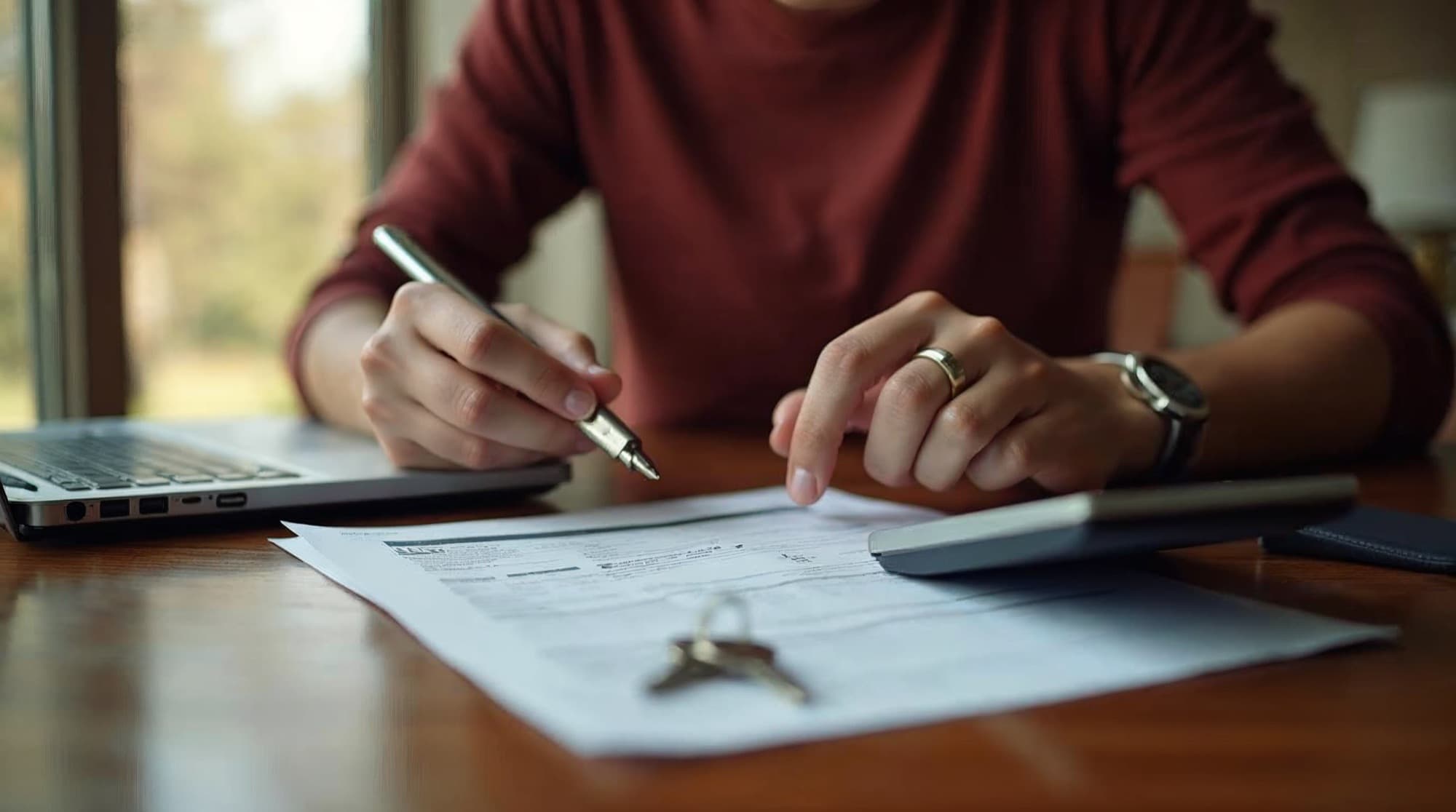 A metro Atlanta homeowner reviewing property tax and homestead exemption paperwork at a kitchen table