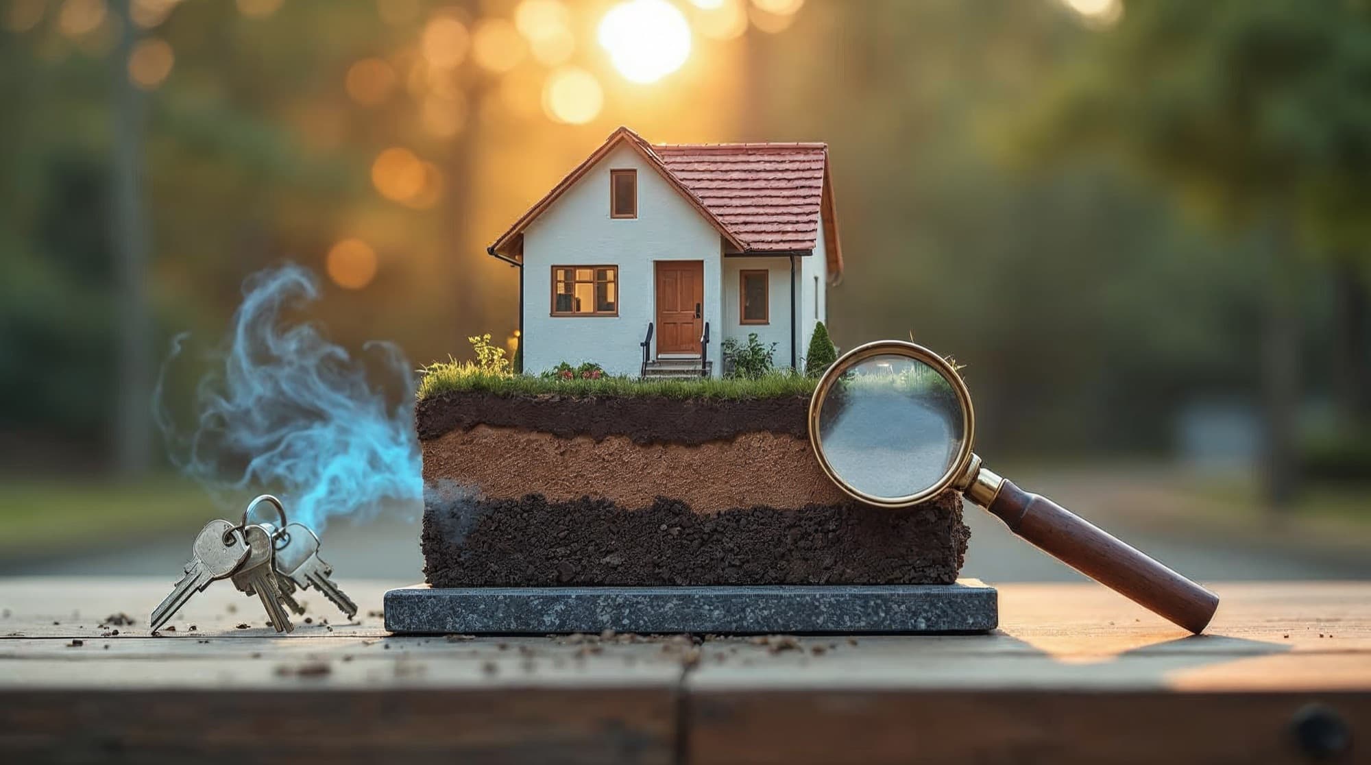 A conceptual model home on layered soil with keys, a magnifying glass, and blue vapor representing radon
