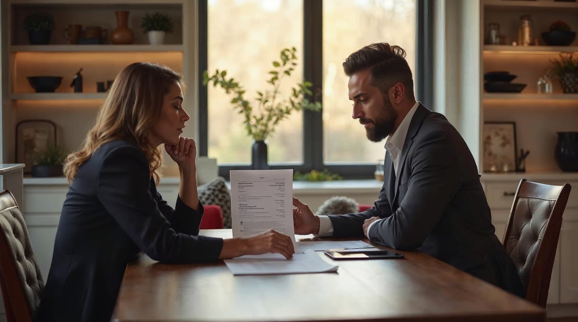 A metro Atlanta homebuyer reviewing an offer worksheet with an agent at a kitchen table