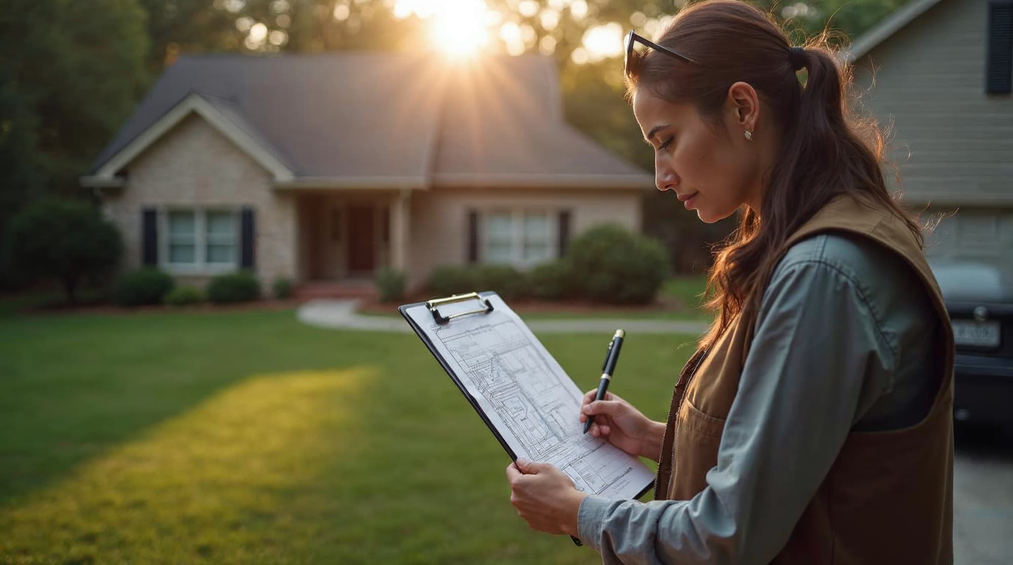 A representative metro Atlanta homebuyer and septic professional reviewing a yard diagram beside a suburban home
