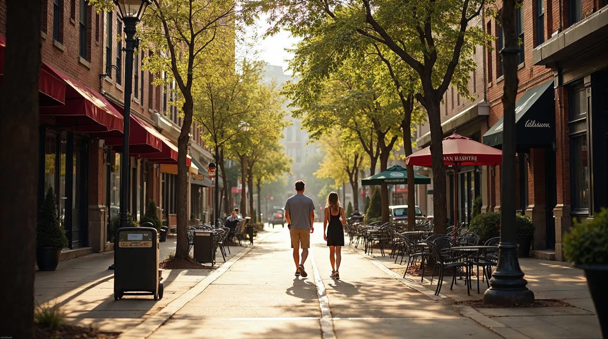 A representative sunny, walkable small-city downtown street with historic and newer storefronts and mature shade trees (illustrative, not a specific Decatur location)