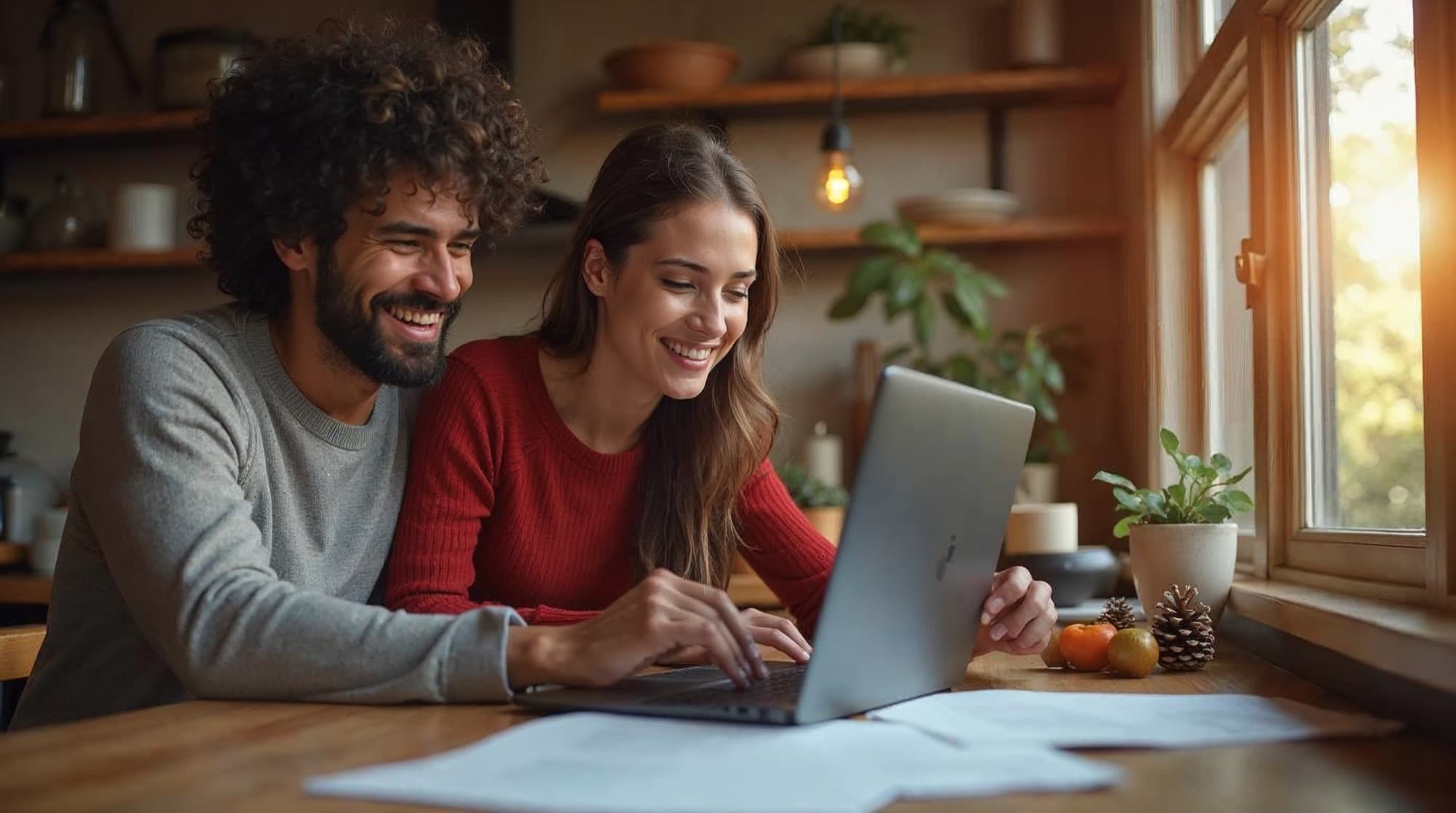 A young couple at a kitchen table reviewing home paperwork on a laptop in warm natural light