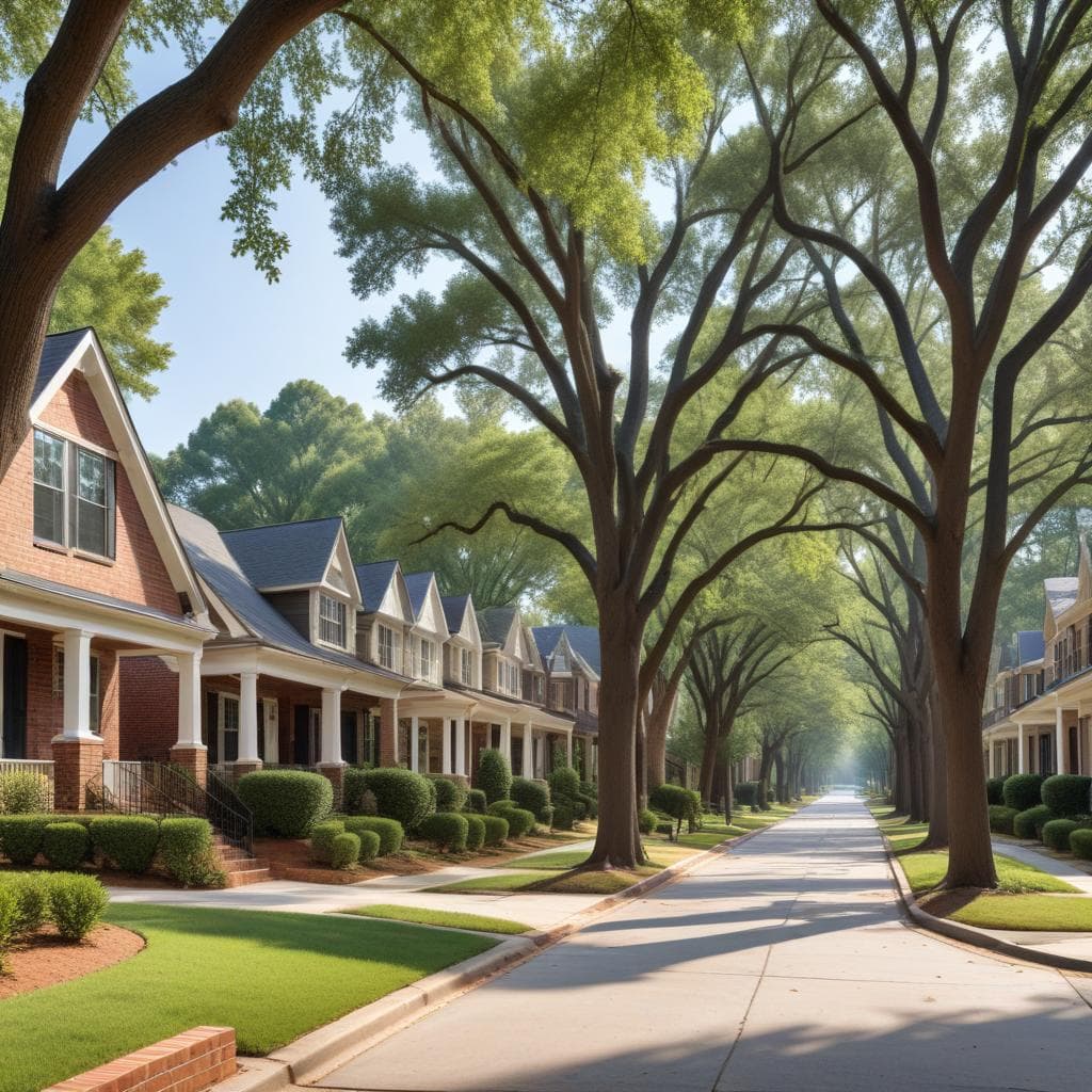 Tree-lined Atlanta residential street with brick and craftsman-style homes under soft daytime light.