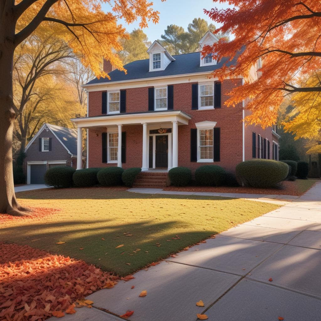 Two-story red brick home with white porch columns, dark shutters, and dormer windows behind a green lawn and sidewalk scattered with orange fallen leaves under bright autumn trees.