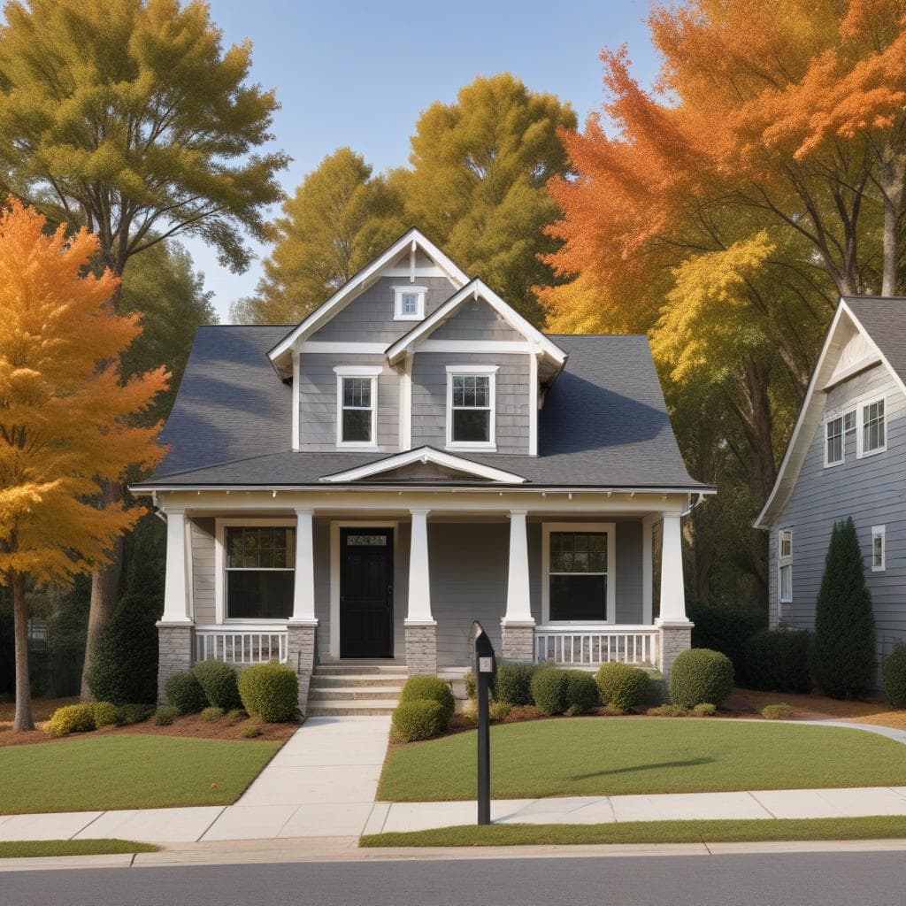 Gray craftsman-style two-story home with a covered front porch, white columns, and a black front door behind a green lawn and sidewalk, with a slim black mailbox post at the curb and orange and yellow autumn trees on both sides under a clear blue sky.
